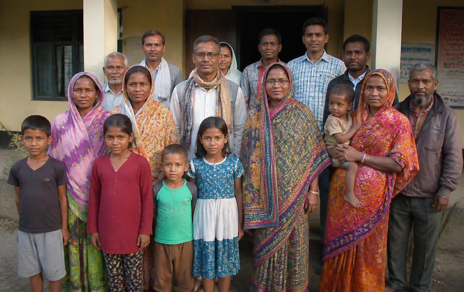 Community members of mixed ages standing together outside a village building after a group meeting