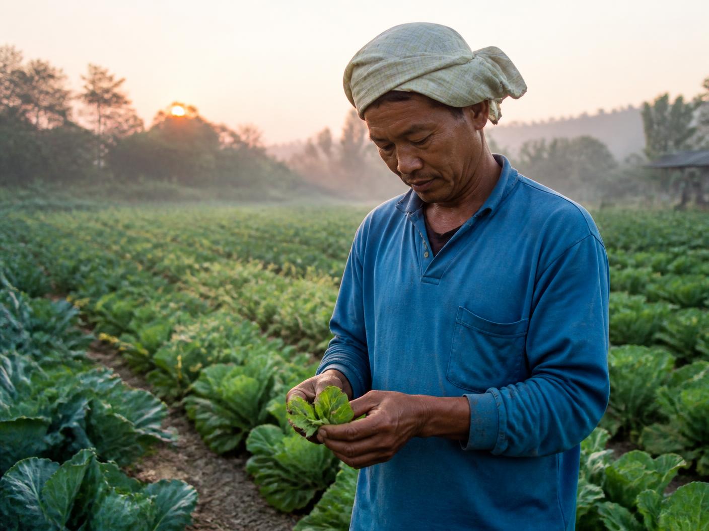 A small-scale farmer examining crop leaves in a green field at sunrise
