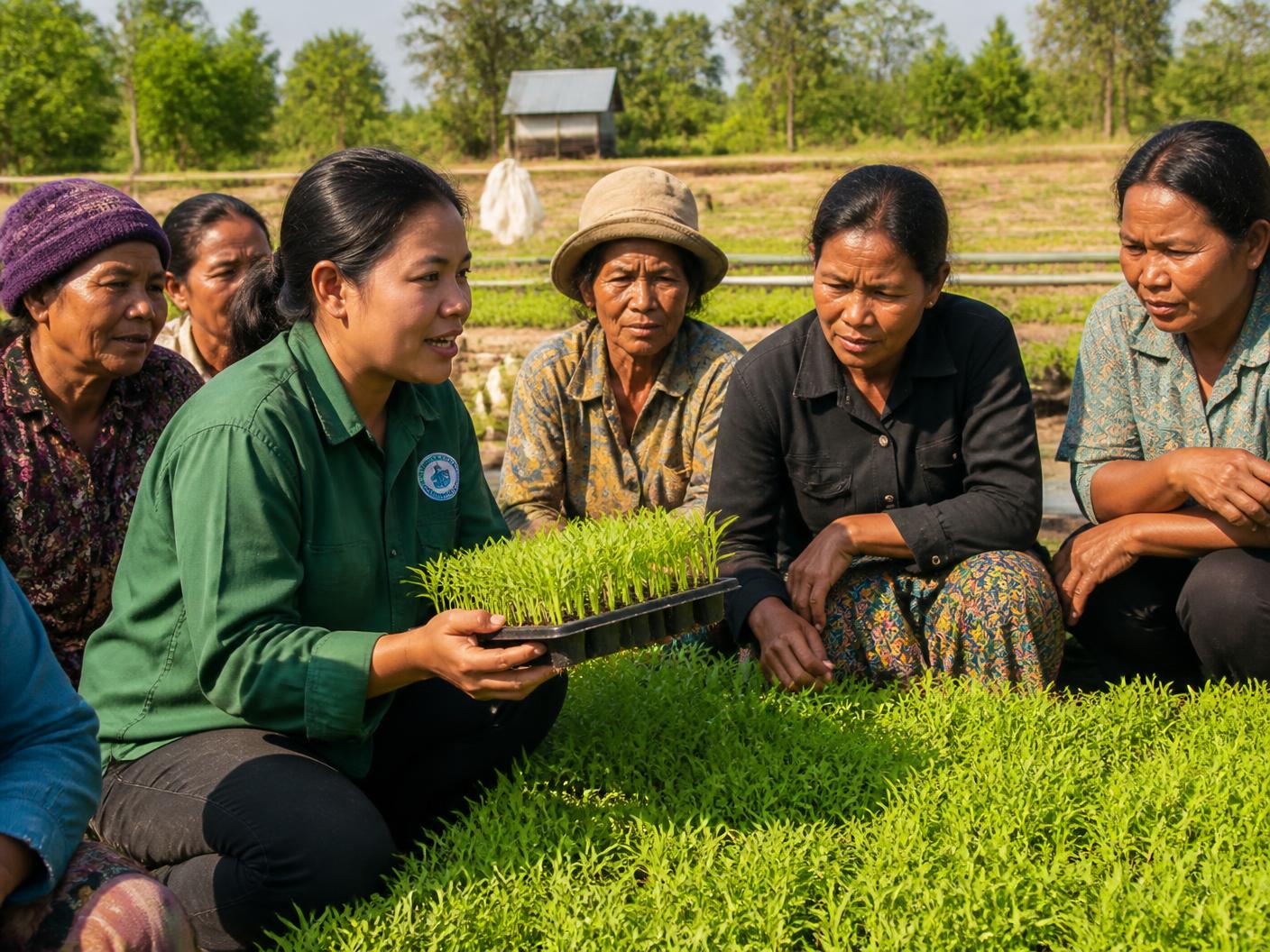An agronomist holds a tray of seedlings while explaining planting techniques to a group of seated farmers