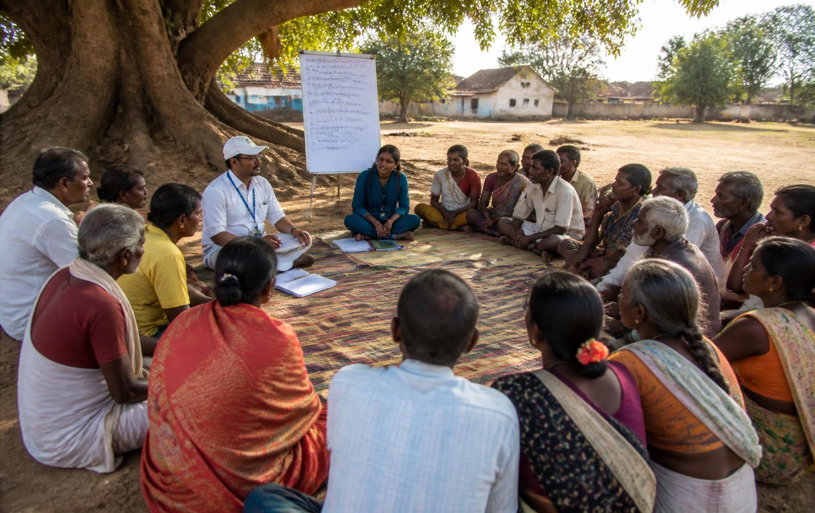 Community members sitting together in a circle during an outdoor planning meeting