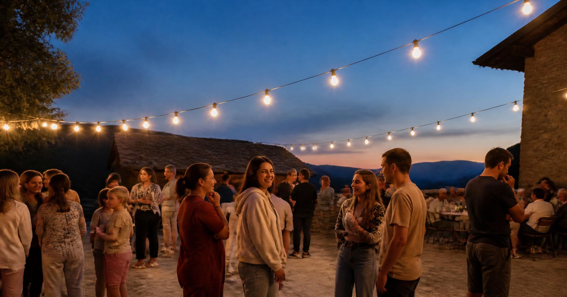 Families and young people gather in a village courtyard at dusk under warm string lights