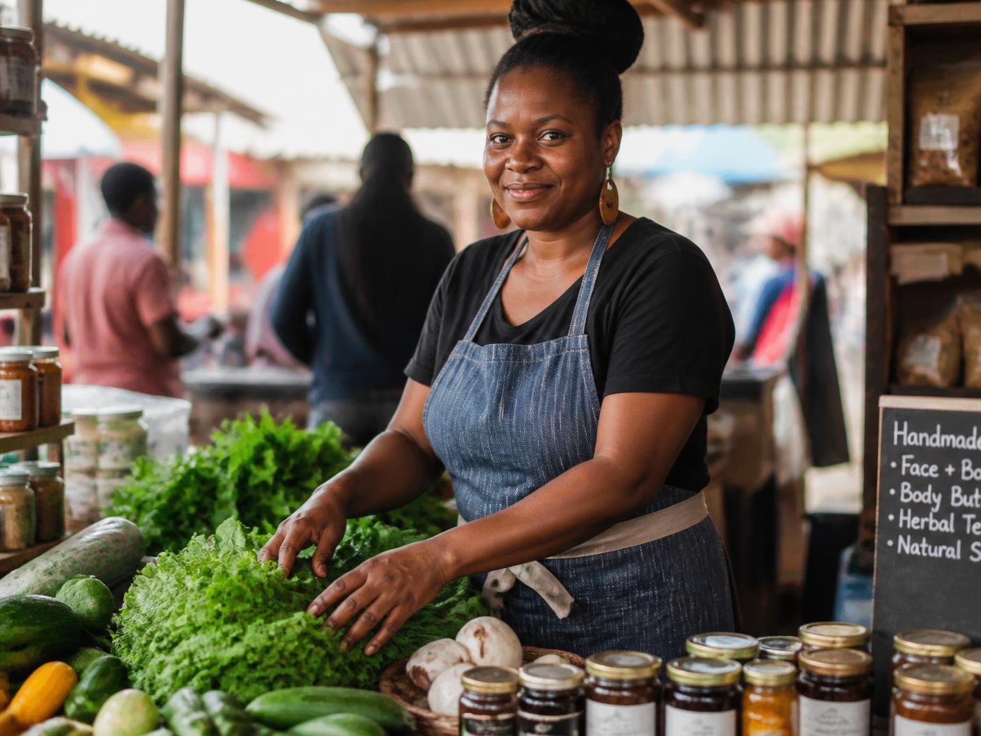 A woman entrepreneur arranging fresh produce and preserves at her market stall