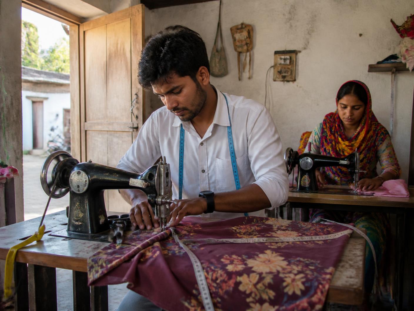 A young tailor sews patterned fabric at a treadle machine in a small village workshop while a colleague works behind him