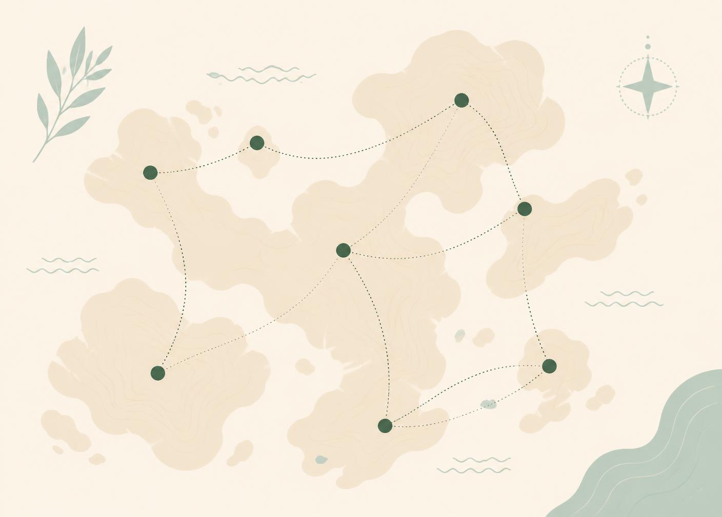 Conceptual illustrated map showing clustered community locations connected by dotted routes