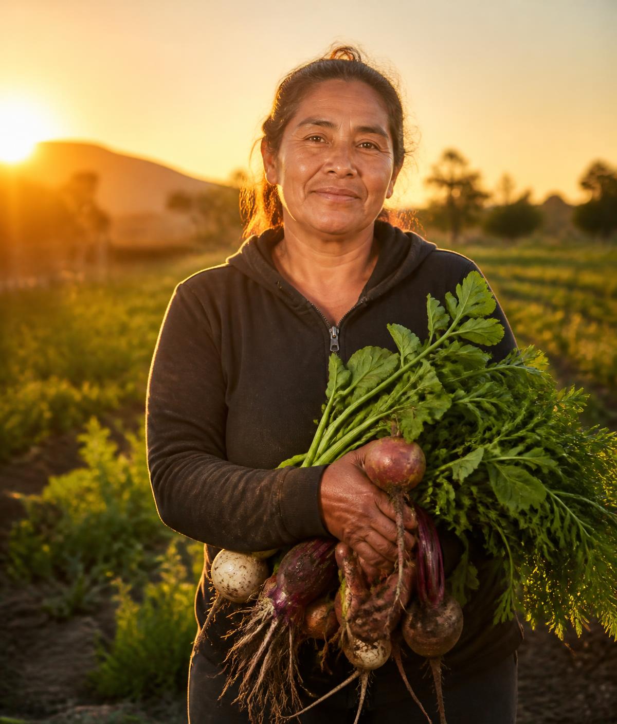 A woman farmer holds freshly harvested root vegetables in her field at sunset