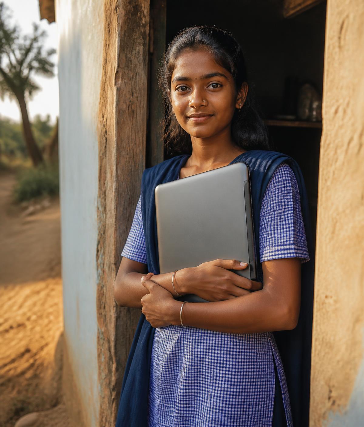 A teenage girl holds a laptop against her chest while standing in the doorway of her home in late afternoon light
