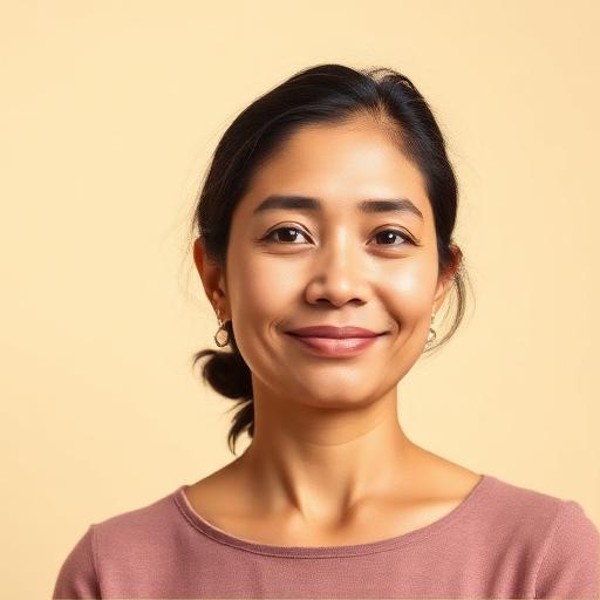 Environmental portrait of a woman in a soft pink top against a warm background