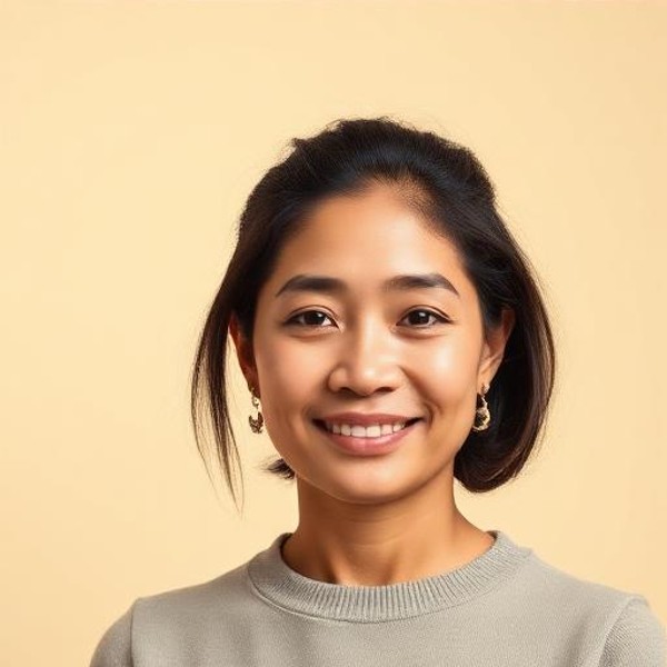 Environmental portrait of a woman in a grey knit sweater against a warm background